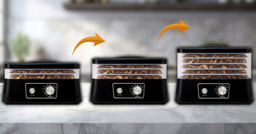 EXTRALINK HOME aszalógép gombákhoz, gyümölcsökhöz, zöldségekhez, élelmiszerekhez, szabályozható, erős 500W + 5 tálca, 27.5CM x 25CM, fekete