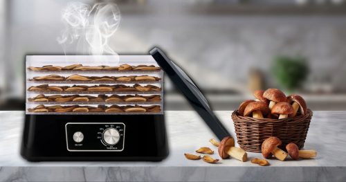 EXTRALINK HOME aszalógép gombákhoz, gyümölcsökhöz, zöldségekhez, élelmiszerekhez, szabályozható, erős 500W + 5 tálca, 27.5CM x 25CM, fekete