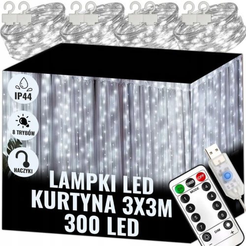 EXTRALINK fényfüggöny 300 LED hideg fényű 3x3 ünnepi karácsonyi girland 5V USB