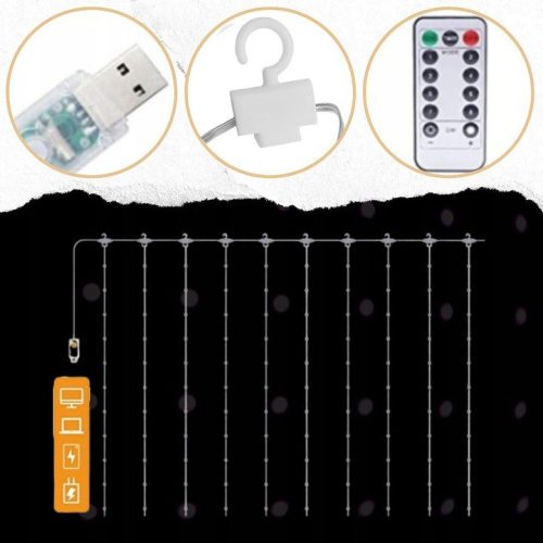 EXTRALINK fényfüggöny 300 LED hideg fényű 3x3 ünnepi karácsonyi girland 5V USB