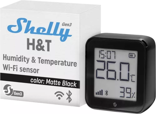 Shelly H&T Gen3 matt fekete Wi-Fi hőmérséklet- és páratartalom-érzékelő