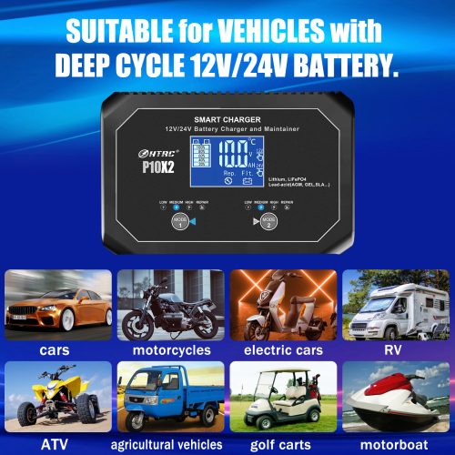 HTRC 2-Bank Automatikus Intelligens Töltő, 12V/10A 24V/5A Kettős Autós Akkumulátor Töltő LED Kijelzővel, Akkumulátor Karbantartó, Csepptöltő, Csepegtető Töltő Ólom-savas, Lítium, LiFePo4 Akkumulátorhoz