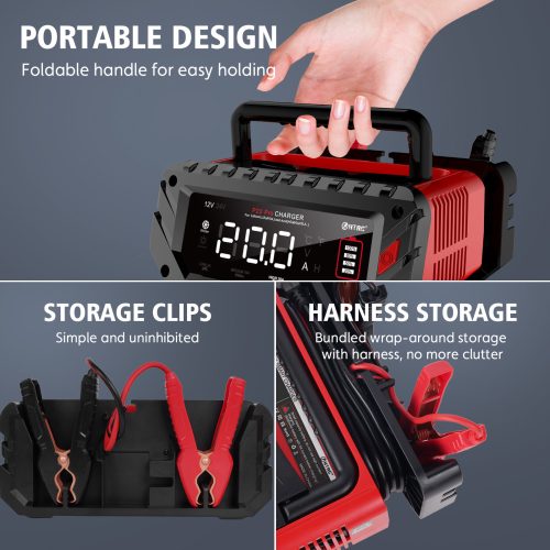 HTRC P20 Pro 20 Amperes autós akkumulátortöltő, 12V/24V intelligens automatikus töltő, csepptöltő autókhoz, motorokhoz, hajókhoz, ólom-savas, lítium 