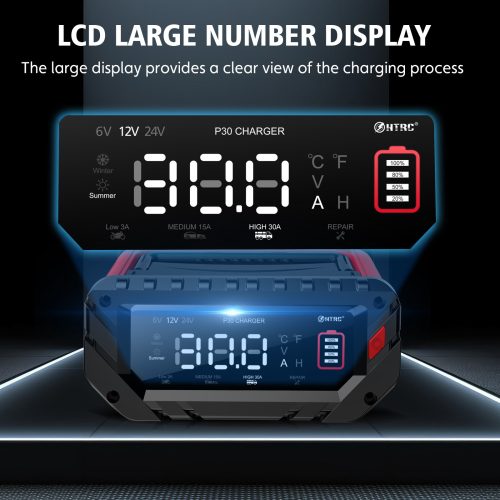 HTRC P30 30 Amperes autós akkumulátortöltő, 6V/12V/24V intelligens automatikus töltő, akkumulátor karbantartó, csepptöltő autókhoz, motorokhoz, hajókhoz, ólom-savas, lítium és LiFePo4 akkumulátorokhoz