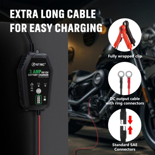 HTRC 3A Autobatterieladegerät, 6V/12V intelligentes automatisches Ladegerät, Erhaltungsladegerät für Autos, Motorräder, Boote,