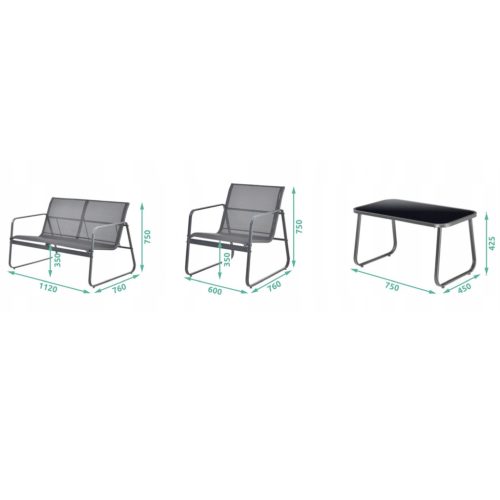 Black Forest Garden furniture set, textilene two chairs + sunbed + folding table black