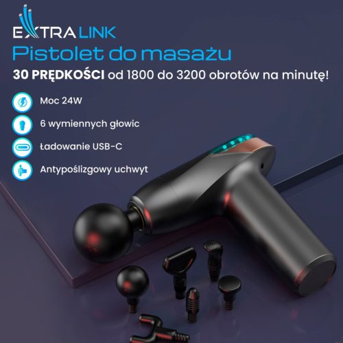 Extralink Lite Muscle Massager, 3200 RPM, 6 Interchangeable Heads