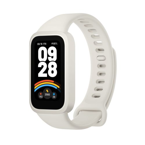 Xiaomi Smart Band 9 Active beige white – okoskarkötő, Bluetooth 5.3, 300mAh, 1,47 hüvelykes kijelző, 5 ATM vízállóság, gyorsulásmérő, PPG szenzor.