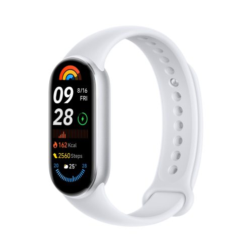 Xiaomi Smart Band 9 Glacier Silver – okoskarkötő – Bluetooth 5.4, 233 mAh, 1,62 hüvelyk, 5 ATM, gyorsulásmérő, giroszkóp, PPG szenzor.