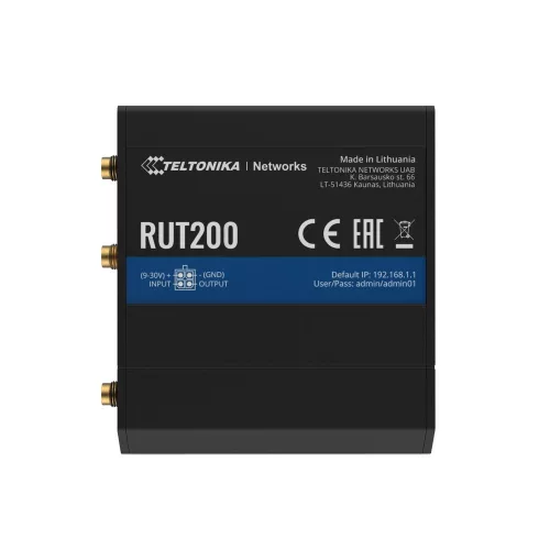 Teltonika RUT200 ipari 4G/LTE Cat.4 router, 2 x 100 Mb/s LAN, 2,4 GHz-es Wi-Fi, RMS