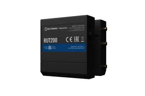 Teltonika RUT200 ipari 4G/LTE Cat.4 router, 2 x 100 Mb/s LAN, 2,4 GHz-es Wi-Fi, RMS