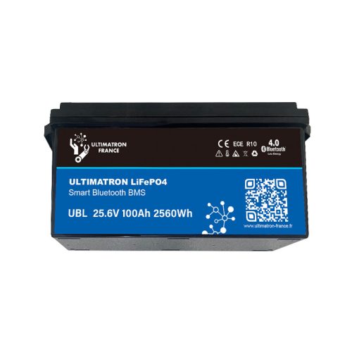 Ultimatron France UBL sorozat 25.6V 100Ah Lítium LiFePO4 akkumulátor (beépített BMS és Bluetooth) napelemes rendszerekhez, lakóautókhoz, hajókhoz