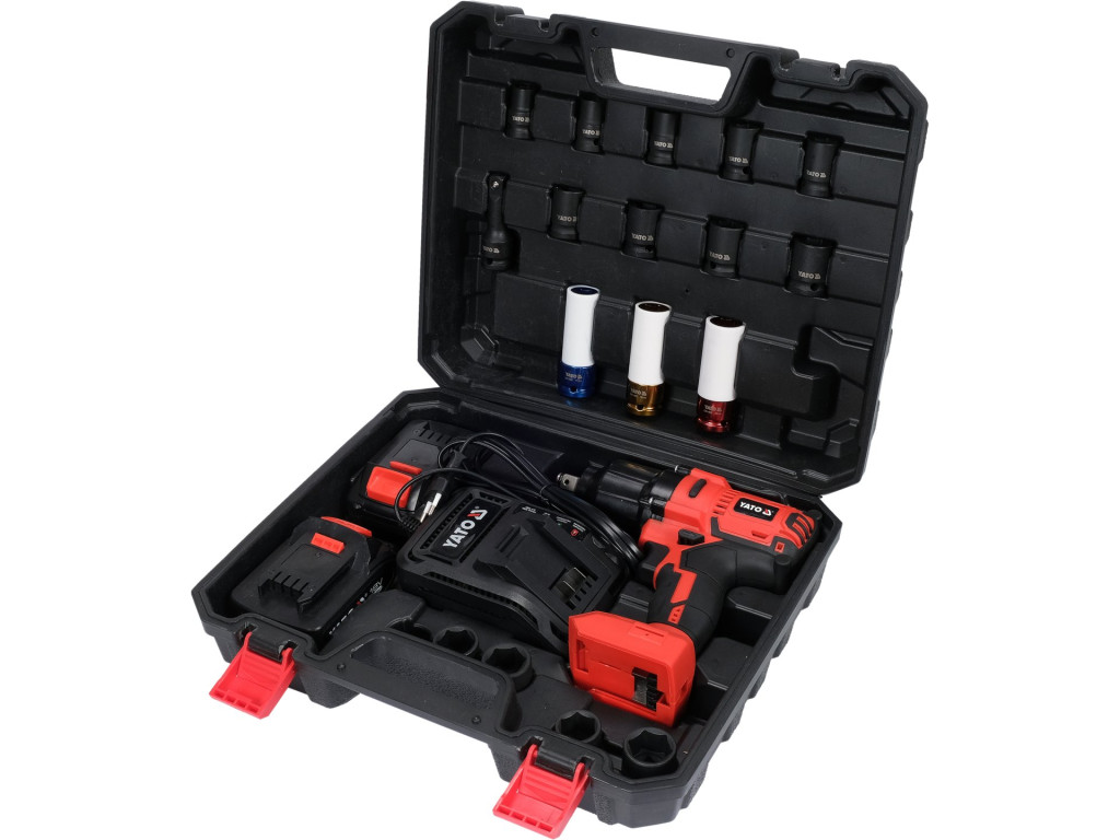 YATO ütvecsavarozó készlet 18V 1/2" 700Nm brushless + 2×3Ah akkumulátor és CrMo dugókulcsok YT-82807