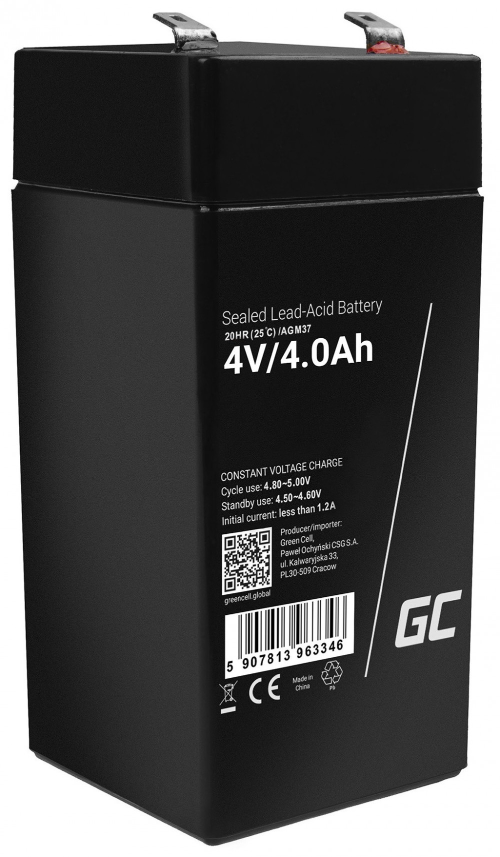 AGM VRLA gondozásmentes ólom akkumulátor / akku 4V 4Ah AGM37 riasztókhoz, pénztárgépekhez, mérleghez, játékokhoz
