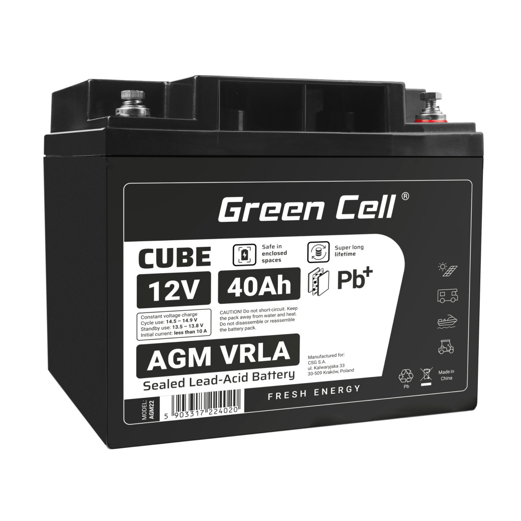 Greencell CUBE AGM IP54 12V 40Ah VRLA akkumulátor gél mélykisülés elleni védelemmel robogóhoz, fűnyíróhoz, hajóhoz, bárkához, traktorhoz, halászhajóhoz AGM12V40AH-J