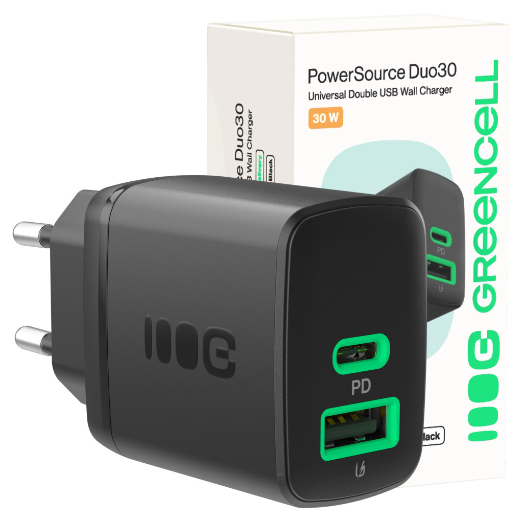 Greencell PowerSource Duo30 töltő USB/USB-C, fekete, 30W Power Delivery hálózati adapter CHARB-GC-30AC-B