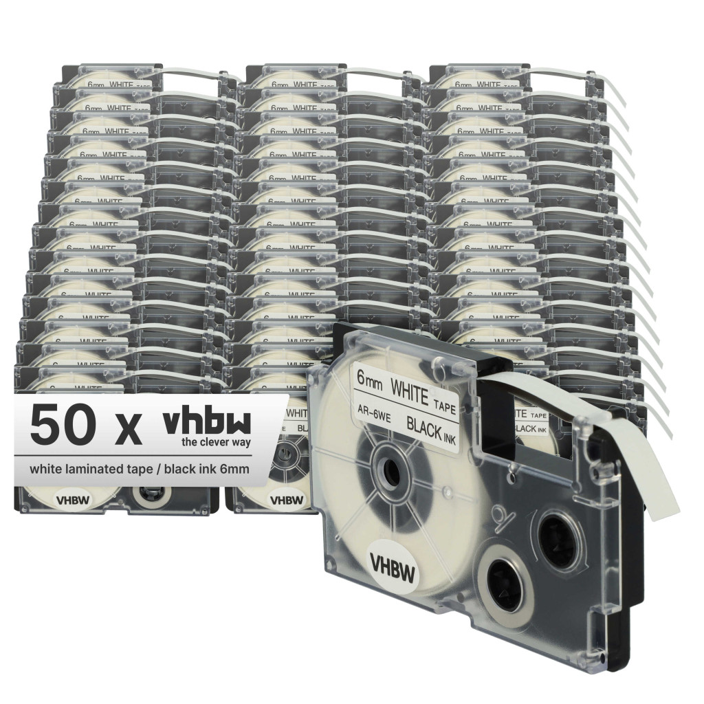 VHBW Címkeszalag Casio XR-6WE1, XR-6WE - 6 mm fekete-fehér
