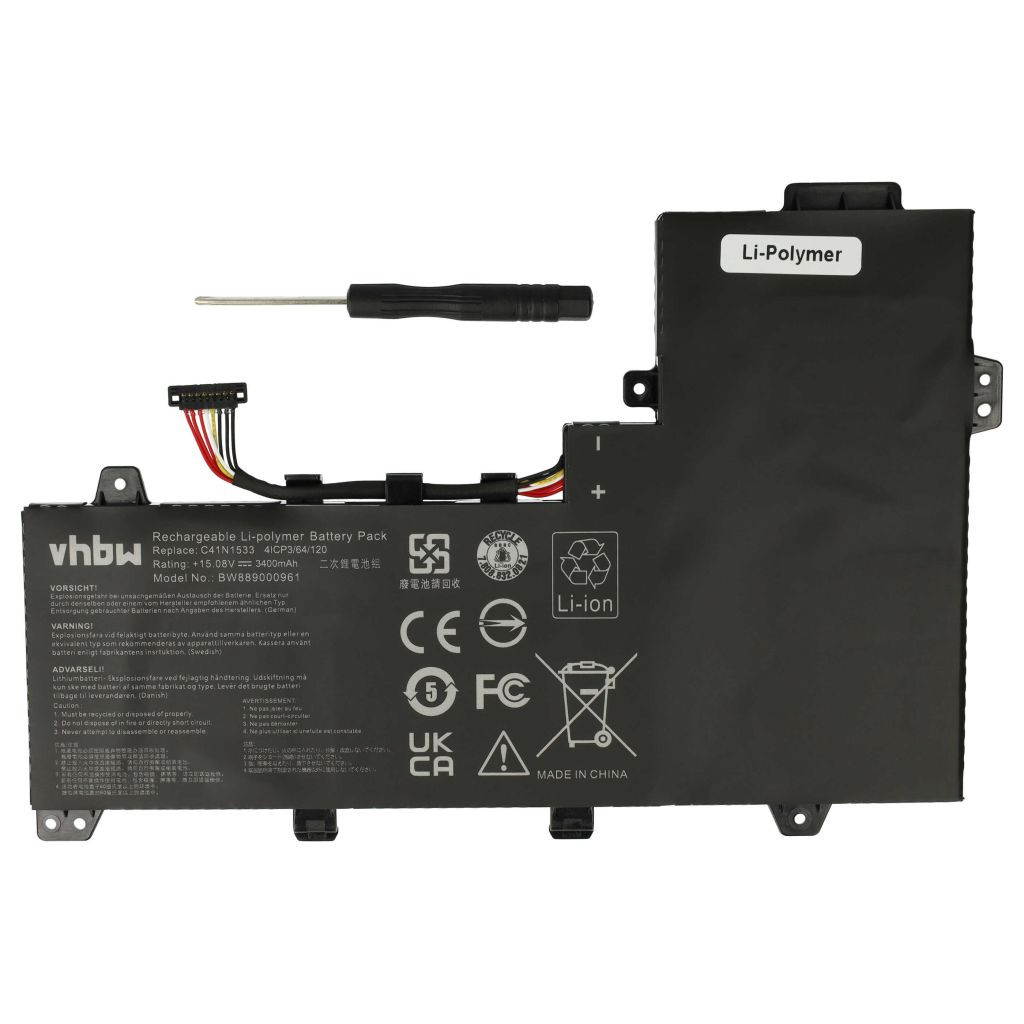 VHBW Notebook akkumulátor Asus C41N1533 (4ICP3/82/120), 0B200-02010200 - 3400 mAh 15,08 V Li-polymer