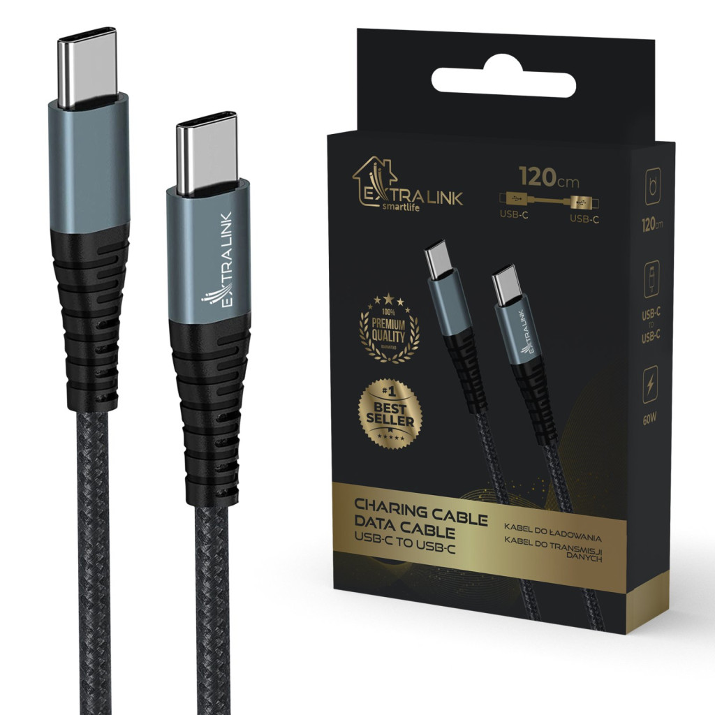 Extralink Smart Life USB Type-C - Type-C fekete színű kábel, USB-C - USB-C kábel, 120 cm