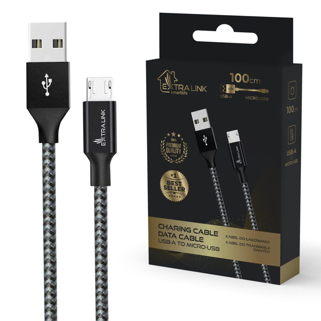 Extralink Smart Life kábel, 15W, USB-A - micro-USB, 100 cm, PVC, 5V 2,4A, fekete színű.