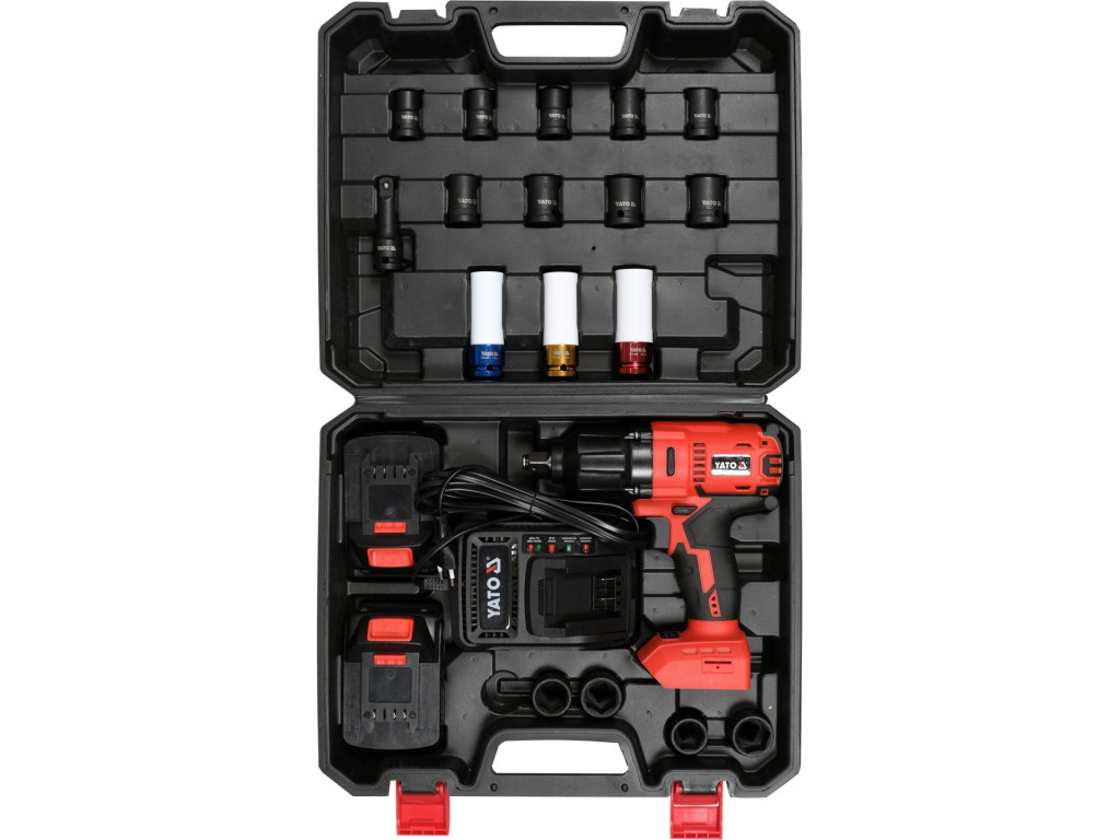 YATO ütvecsavarozó készlet 18V 1/2" 700Nm brushless + 2×3Ah akkumulátor és CrMo dugókulcsok YT-82807